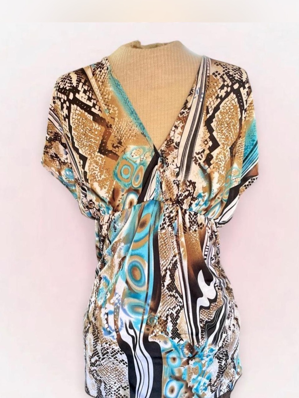 Y2K Brown & Blue Abstract Print Blouse Top